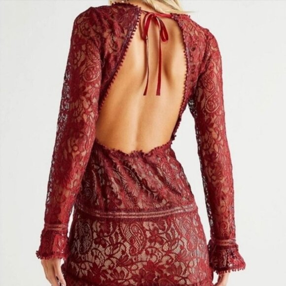 For Love & Lemons Emerie Maroon Lace Open Back Mini Dress - Picture 6 of 8